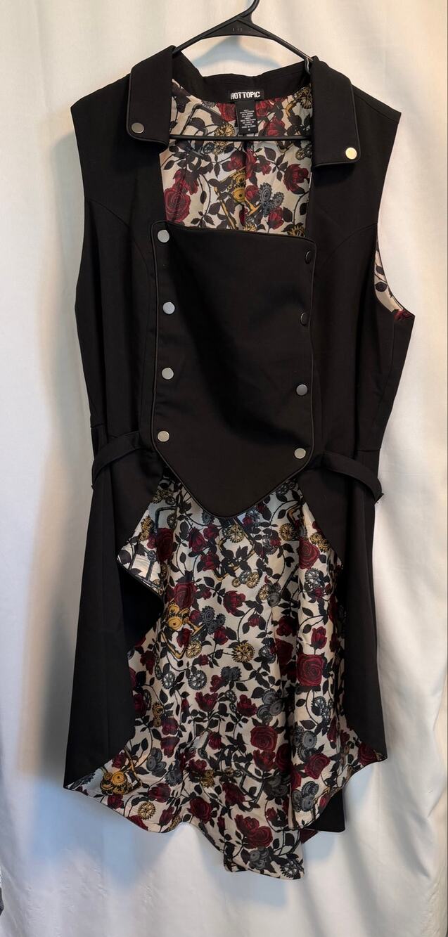 Hot Topic Black Split-Back Rose Long Vest Edgy Steampunk-Sz 2
